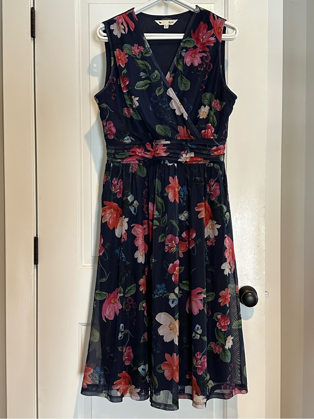 Yumi Women’s Navy Floral Stretch Mesh Midi Dress —Size 10 (worn only once!)